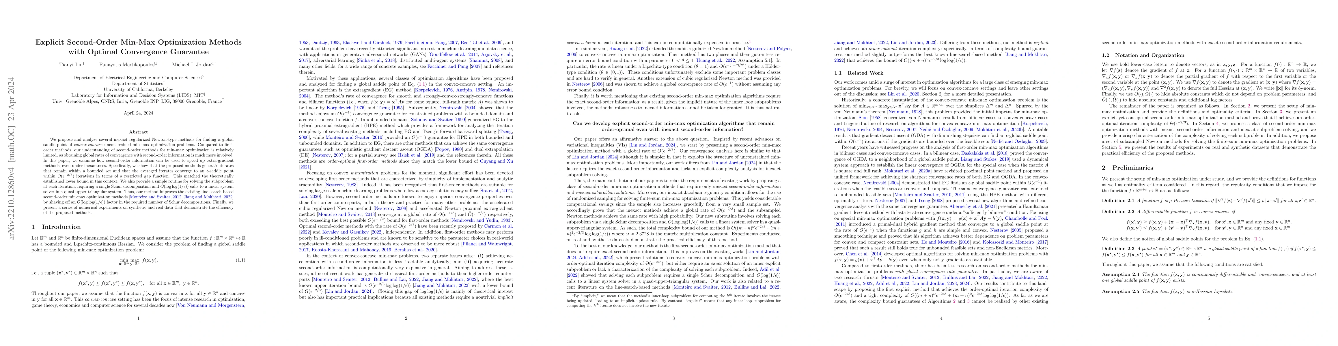 Thumbnail for Explicit Second-Order Min-Max Optimization Methods with Optimal
  Convergence Guarantee