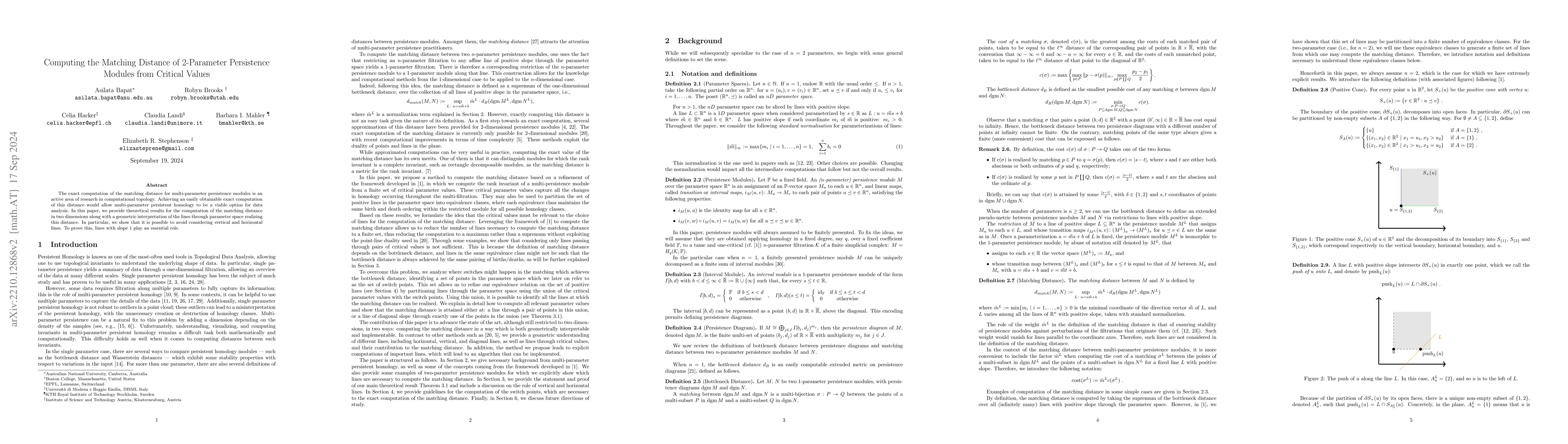 Thumbnail for Computing the Matching Distance of 2-Parameter Persistence Modules from
  Critical Values