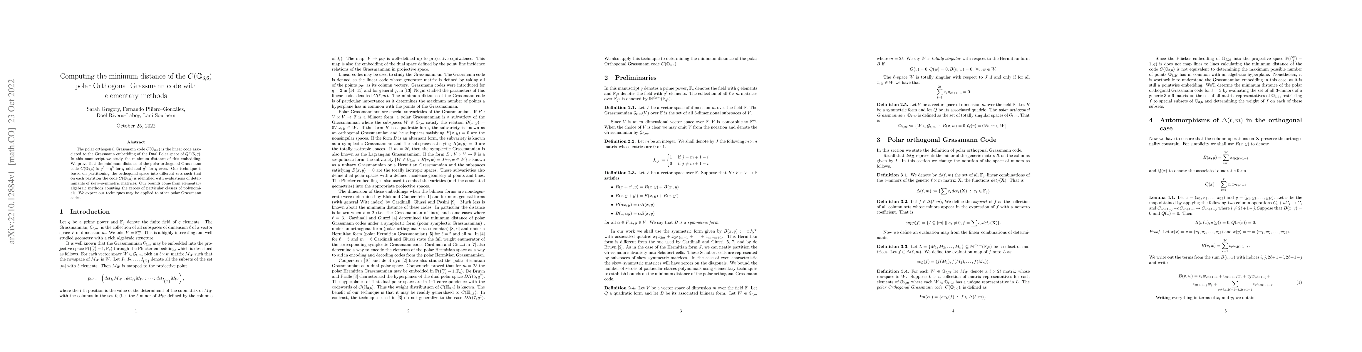 Thumbnail for Computing the minimum distance of the $C(\mathbb{O}_{3,6})$ polar
  Orthogonal Grassmann code with elementary methods