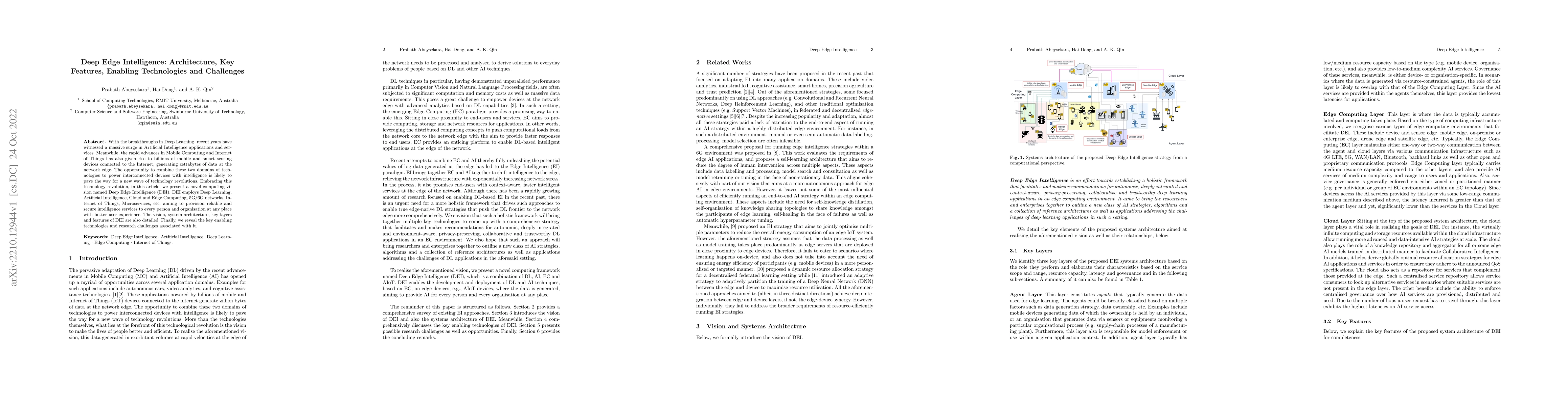 Thumbnail for Deep Edge Intelligence: Architecture, Key Features, Enabling
  Technologies and Challenges