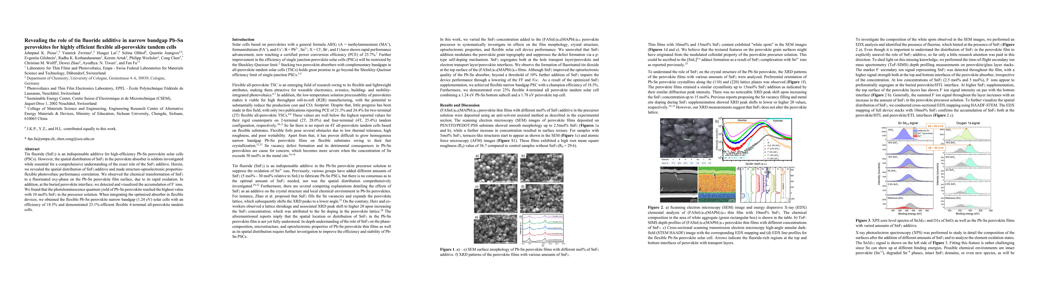 Thumbnail for Revealing the role of tin fluoride additive in narrow bandgap Pb-Sn
  perovskites for highly efficient flexible all-perovskite tandem cells