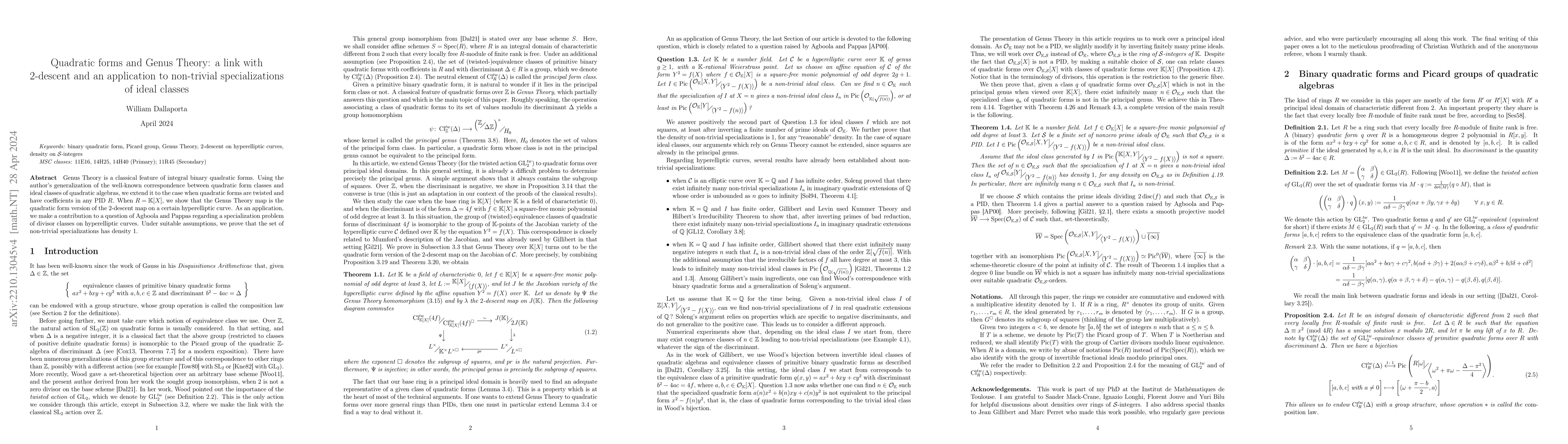 Thumbnail for Quadratic forms and Genus Theory : a link with 2-descent and an
  application to non-trivial specializations of ideal classes