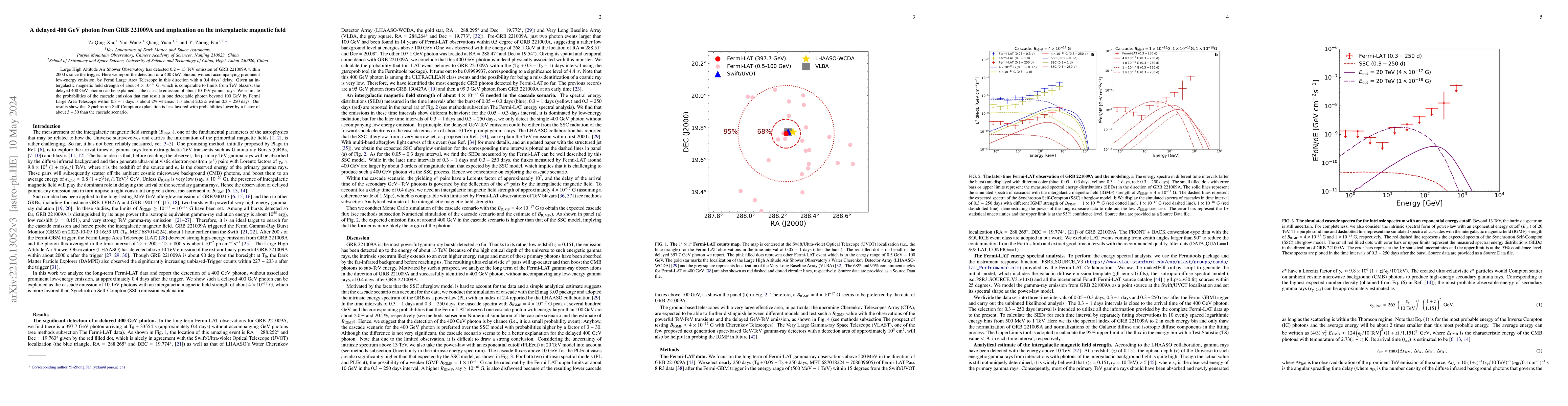 Thumbnail for A delayed 400 GeV photon from GRB 221009A and implication on the
  intergalactic magnetic field