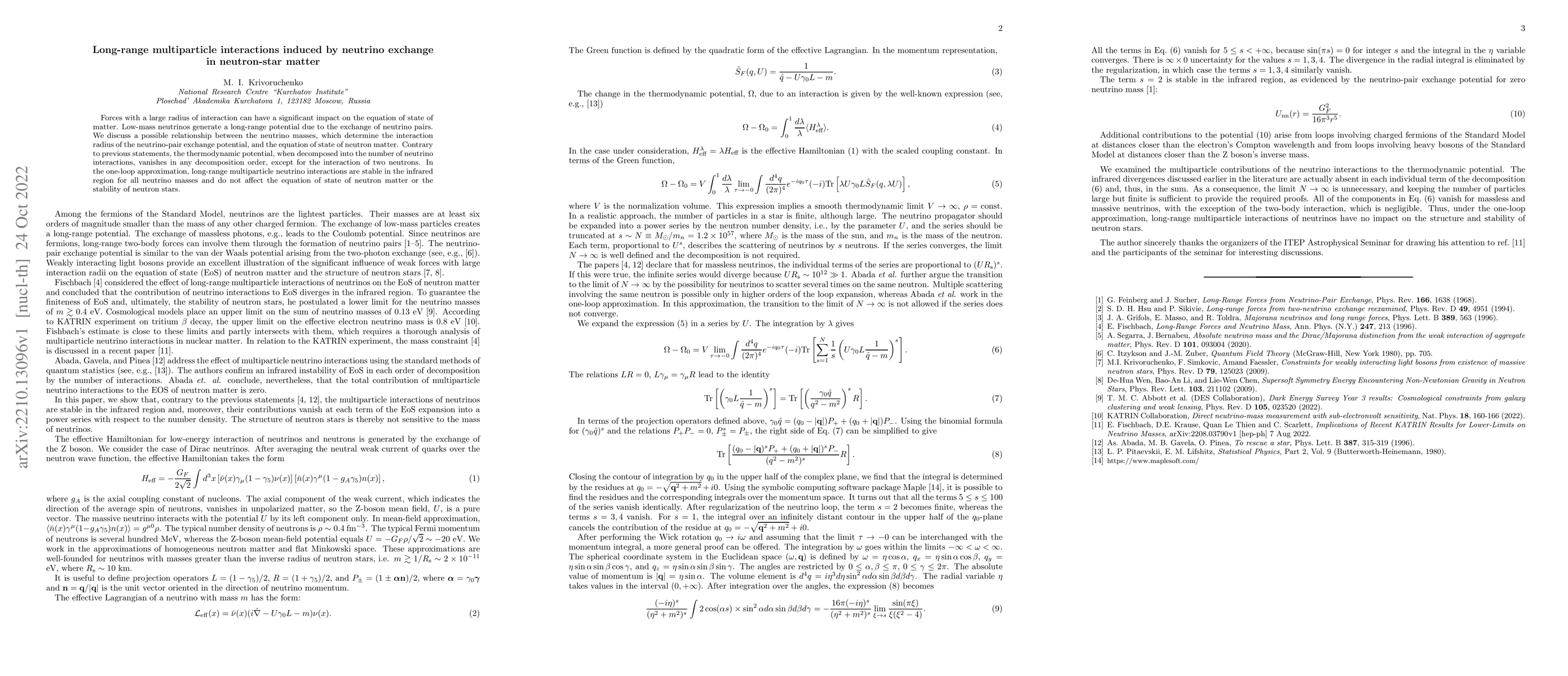 Thumbnail for Long-range multiparticle interactions induced by neutrino exchange in
  neutron-star matter