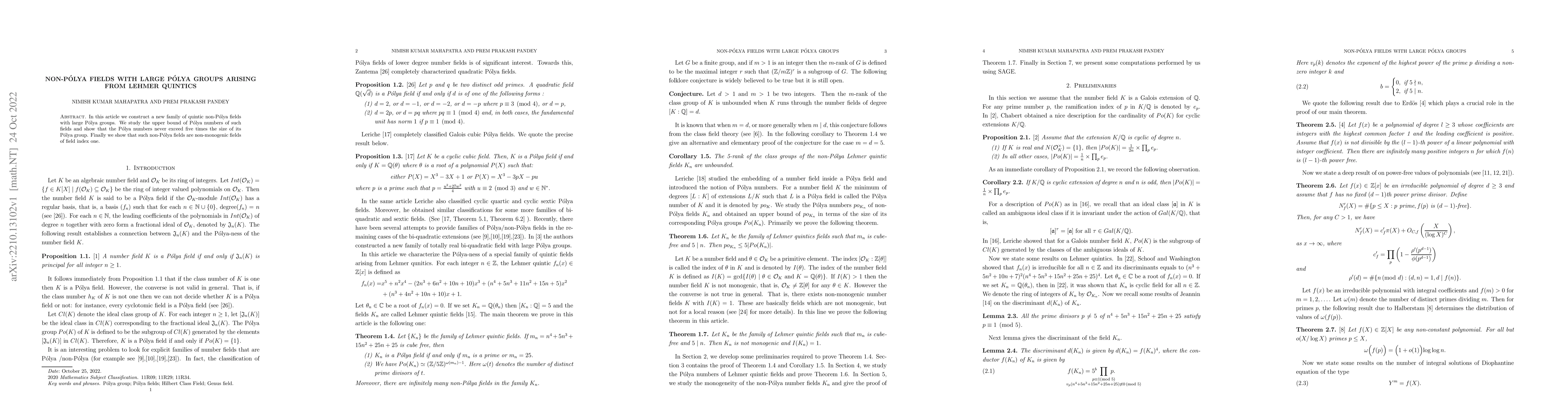 Thumbnail for Non-P\'olya Fields with Large P\'olya Groups Arising from Lehmer
  Quintics
