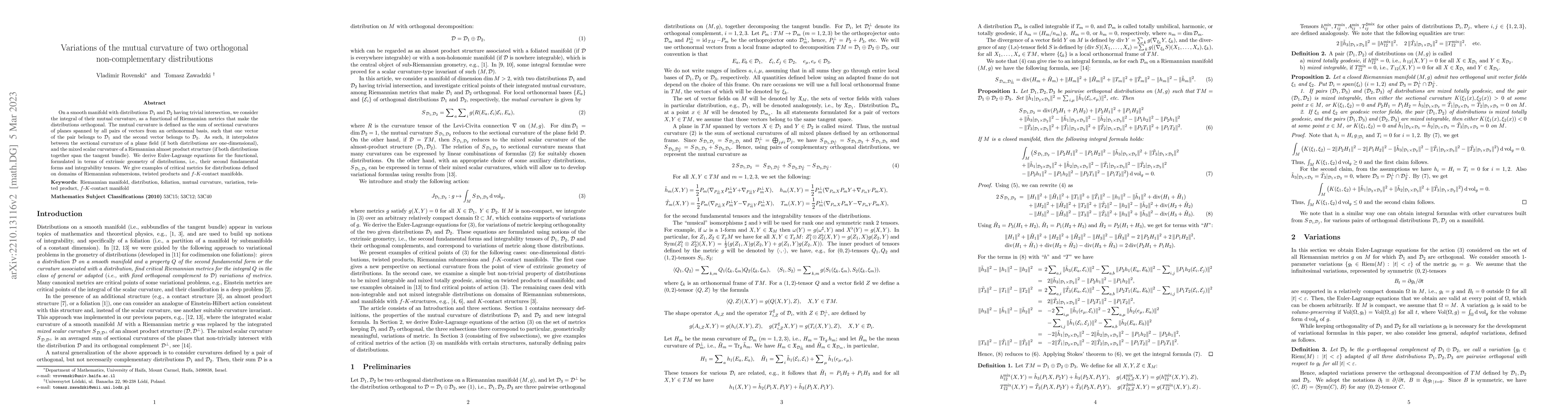 Thumbnail for Variations of the mutual curvature of two orthogonal non-complementary
  distributions