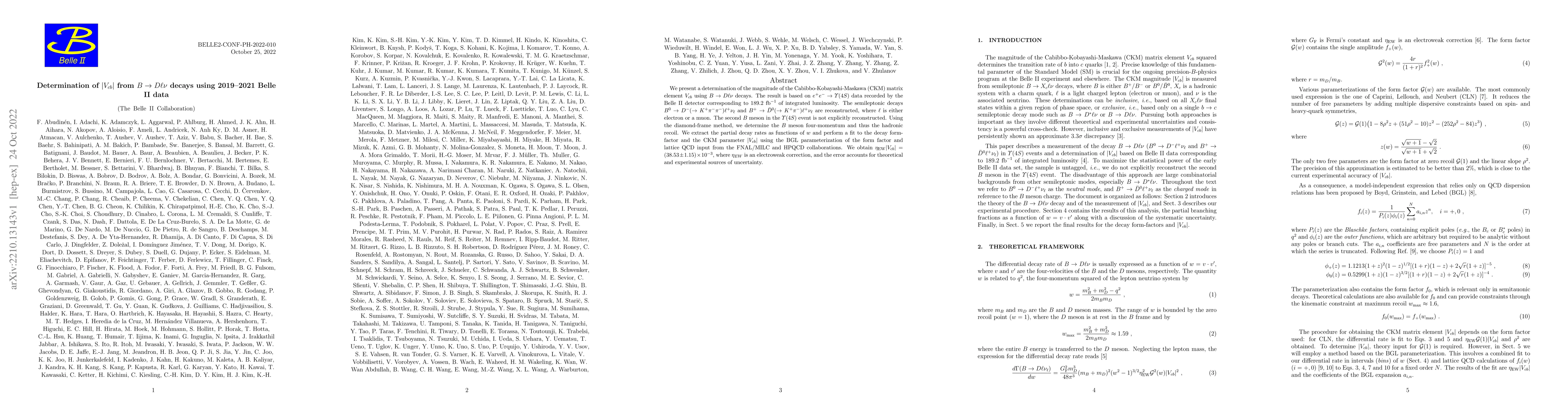 Thumbnail for Determination of $|V_{cb}|$ from $B\to D\ell\nu$ decays using 2019-2021
  Belle II data