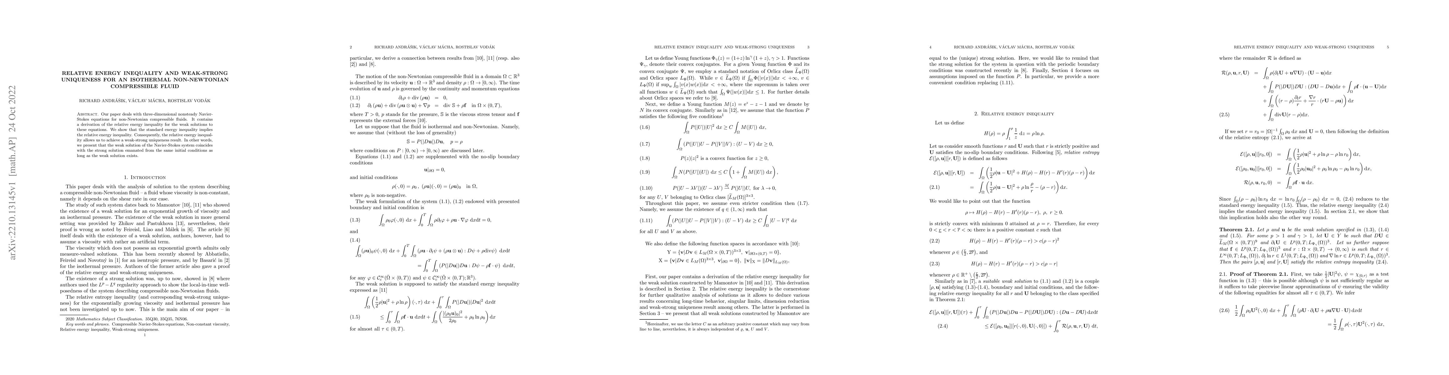 Thumbnail for Relative energy inequality and weak-strong uniqueness]{Relative energy
  inequality and weak-strong uniqueness for an isothermal non-Newtonian
  compressible fluid