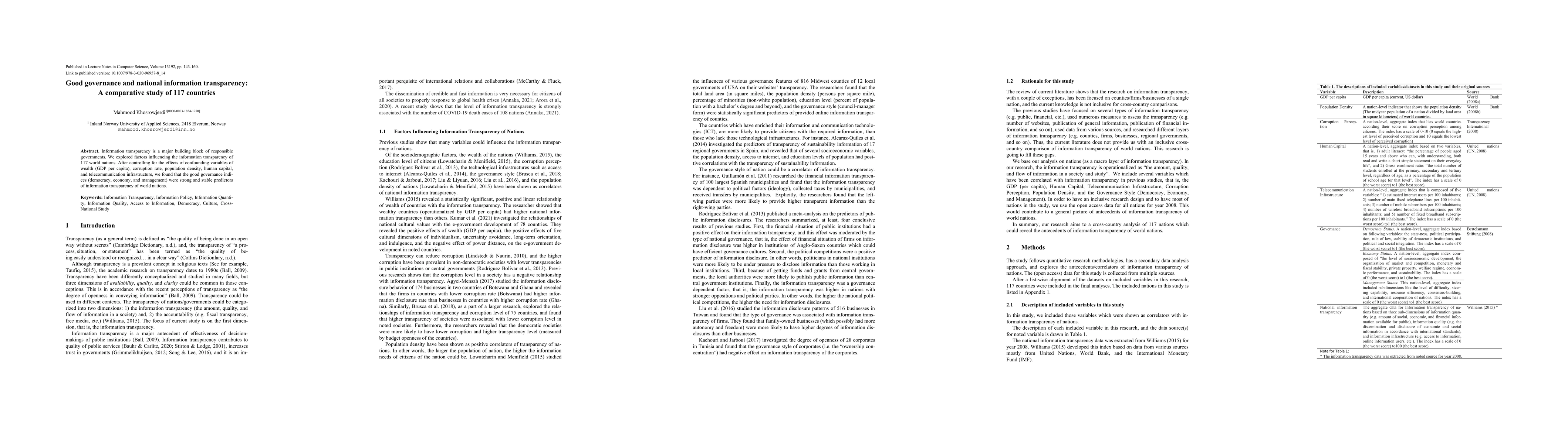 Thumbnail for Good governance and national information transparency: A comparative
  study of 117 countries