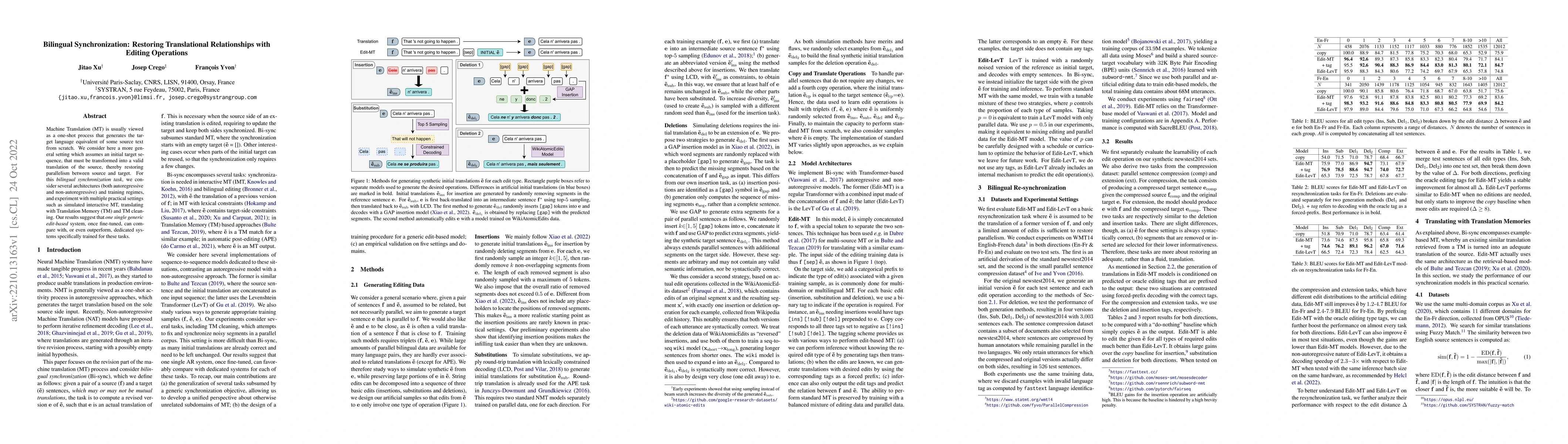 Thumbnail for Bilingual Synchronization: Restoring Translational Relationships with
  Editing Operations