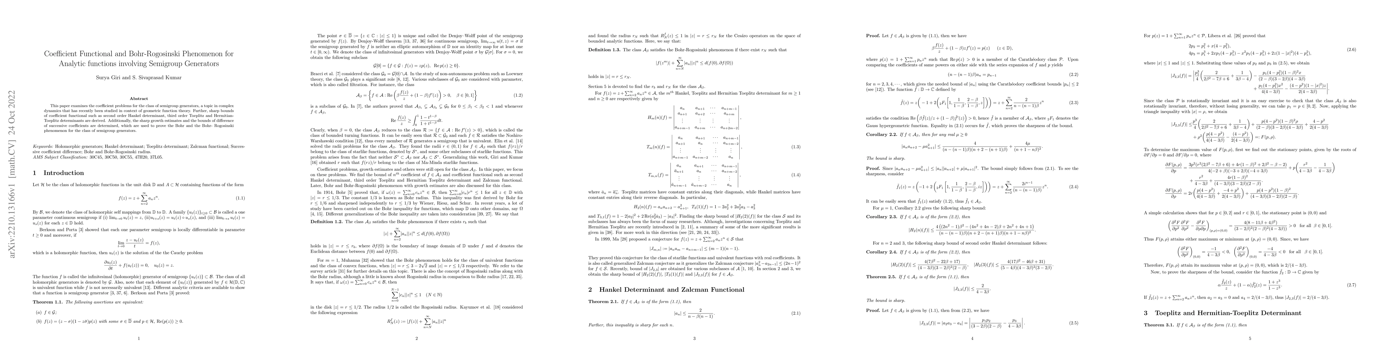 Thumbnail for Coefficient Functional and Bohr-Rogosinski Phenomenon for Analytic
  functions involving Semigroup Generators