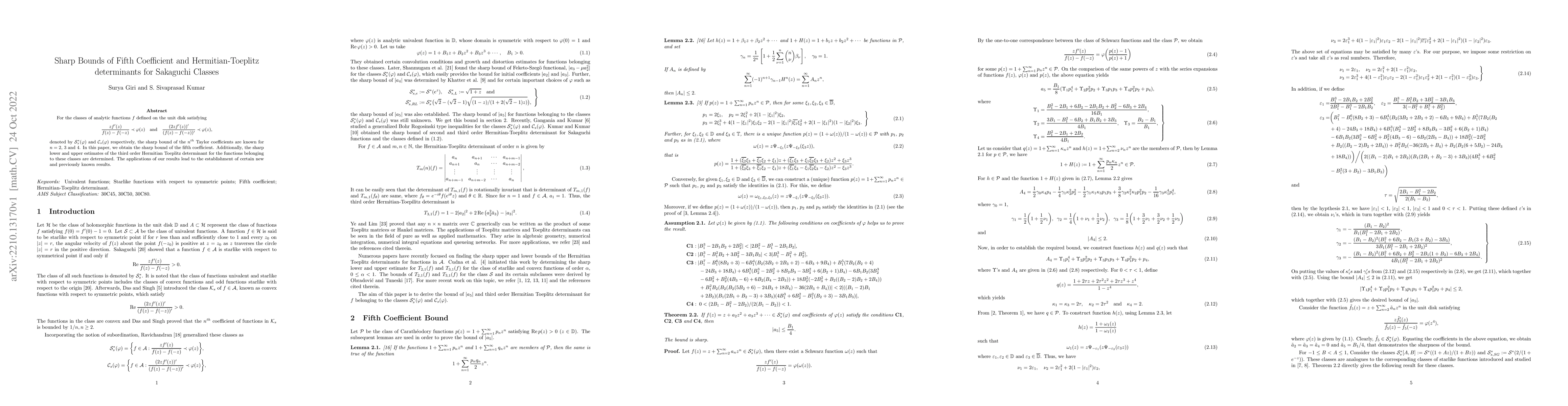Thumbnail for Sharp Bounds of Fifth Coefficient and Hermitian-Toeplitz determinants
  for Sakaguchi Classes
