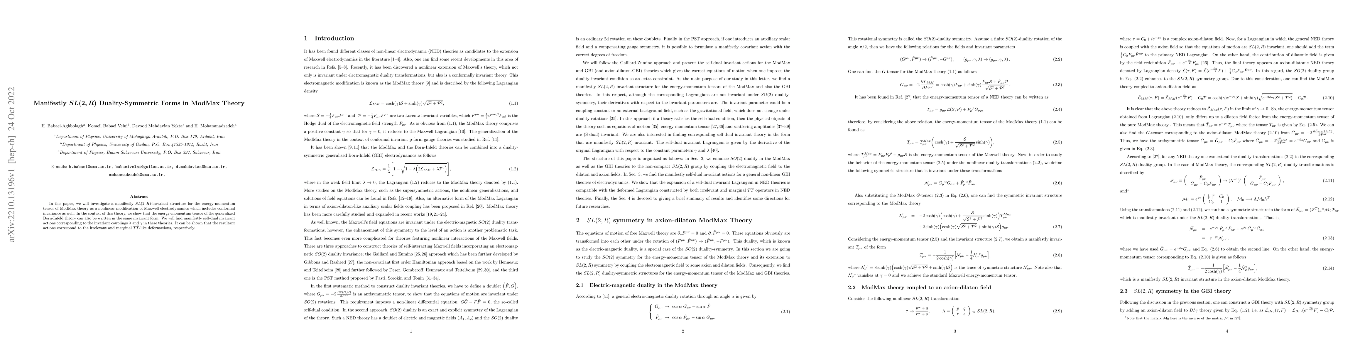 Thumbnail for Manifestly $SL(2,R)$ Duality-Symmetric Forms in ModMax Theory