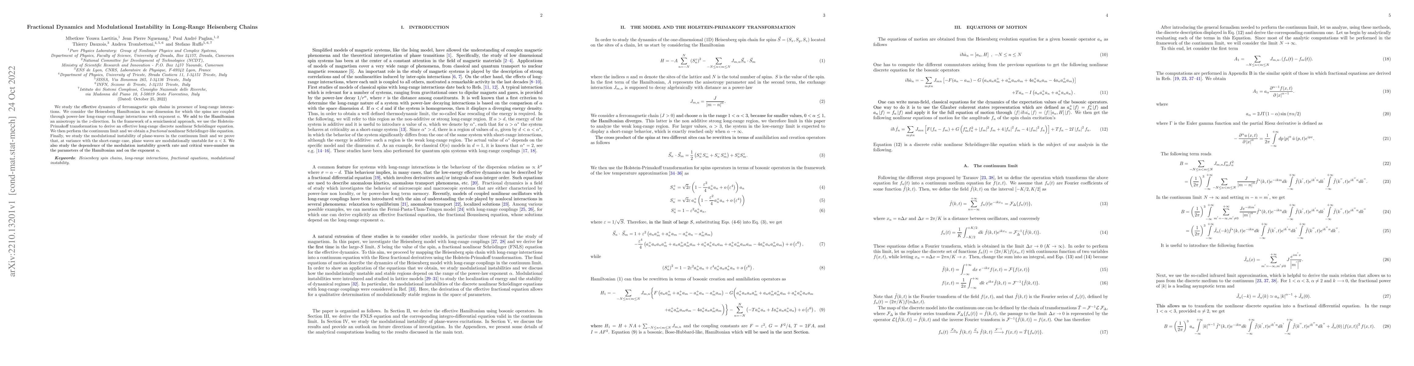 Thumbnail for Fractional Dynamics and Modulational Instability in Long-Range
  Heisenberg Chains