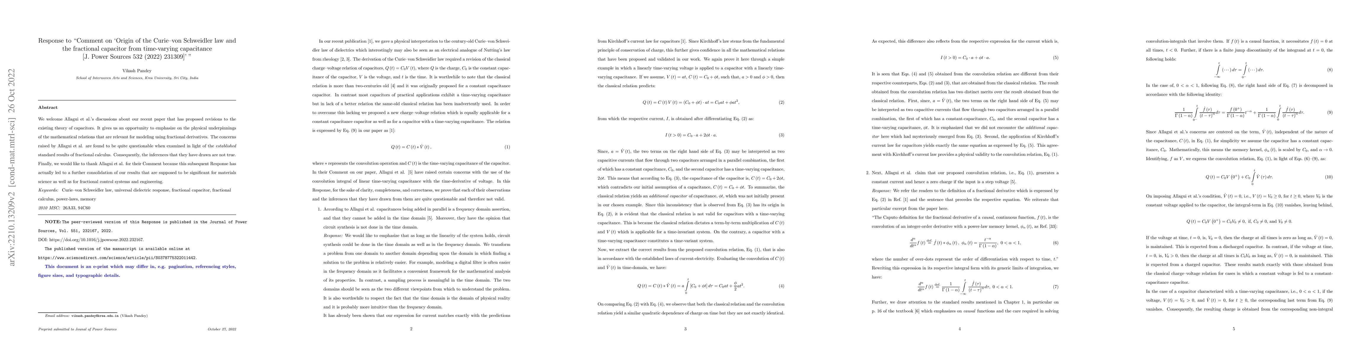 Thumbnail for Response to "Comment on 'Origin of the Curie--von Schweidler law and the
  fractional capacitor from time-varying capacitance [J. Pow. Sources 532
  (2022) 231309]' "