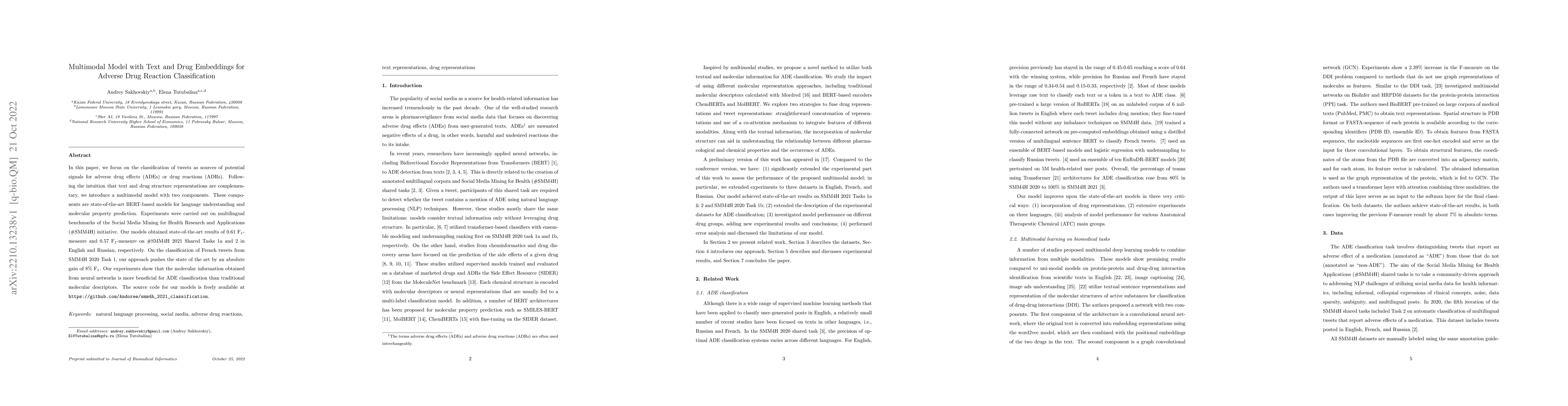 Thumbnail for Multimodal Model with Text and Drug Embeddings for Adverse Drug Reaction
  Classification