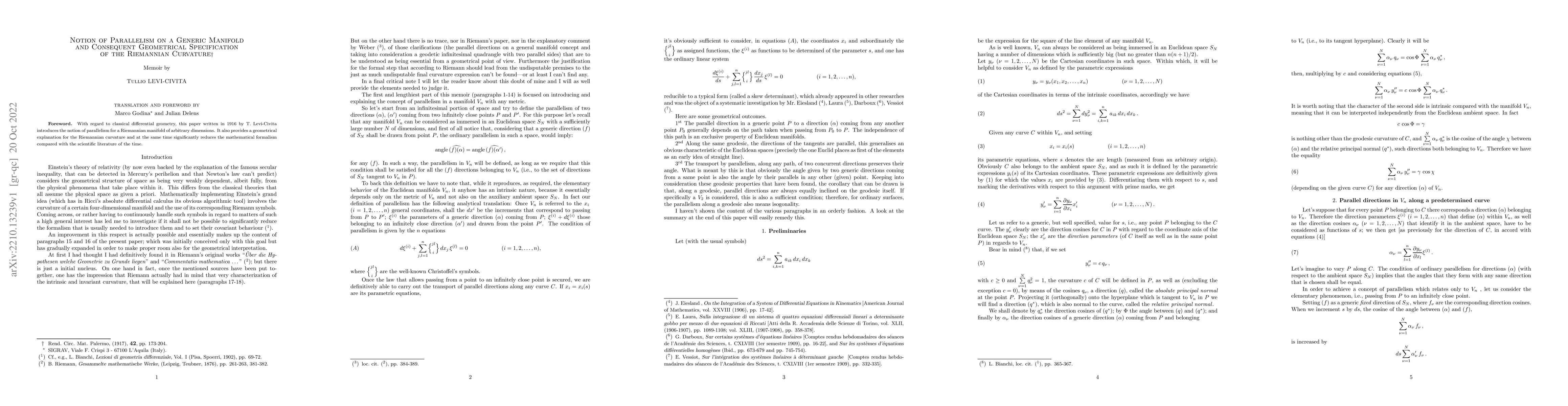 Thumbnail for Notion of Parallelism on a Generic Manifold and Consequent Geometrical
  Specification of the Riemannian Curvature