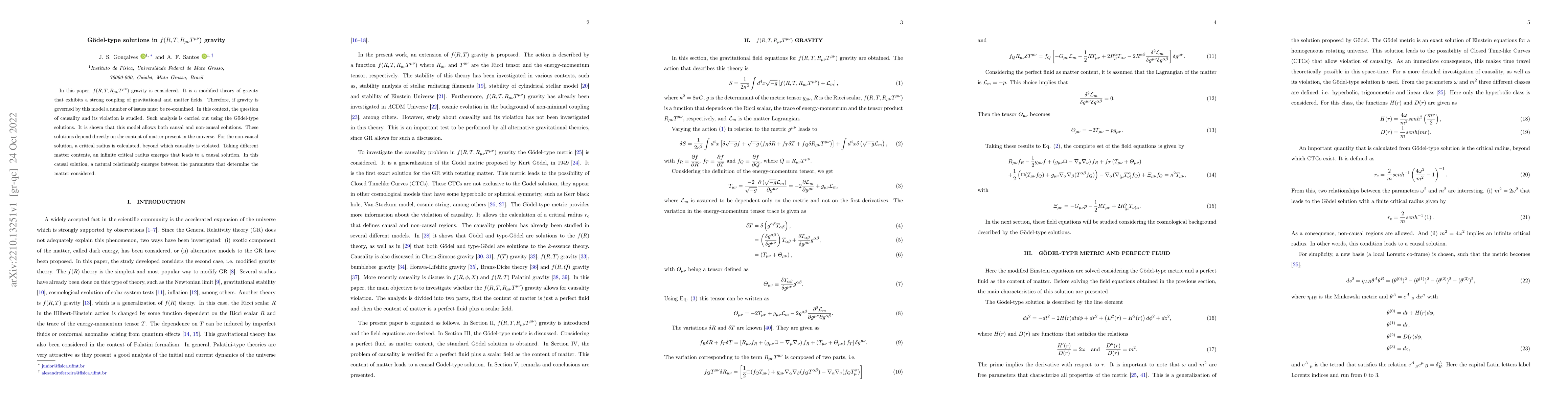 Thumbnail for G\"{o}del-type solutions in $f(R,T,R_{\mu\nu} T^{\mu\nu}$) gravity