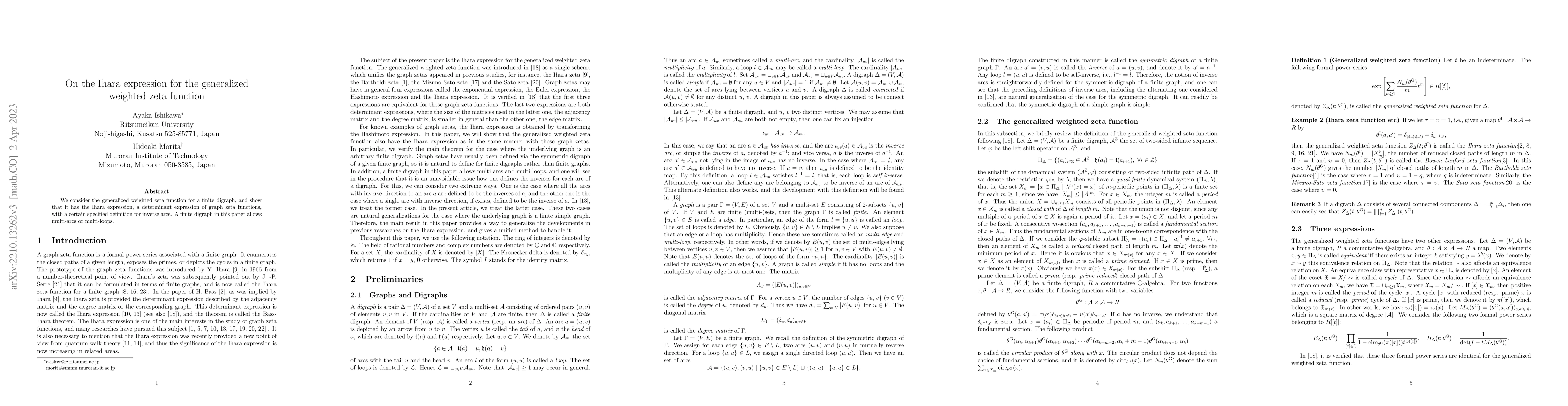 Thumbnail for On the Ihara expression for the generalized weighted zeta function