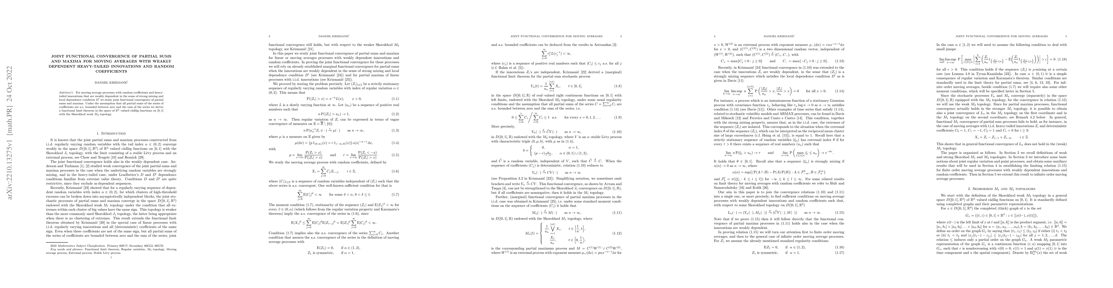 Thumbnail for Joint functional convergence of partial sums and maxima for moving
  averages with weakly dependent heavy-tailed innovations and random
  coefficients