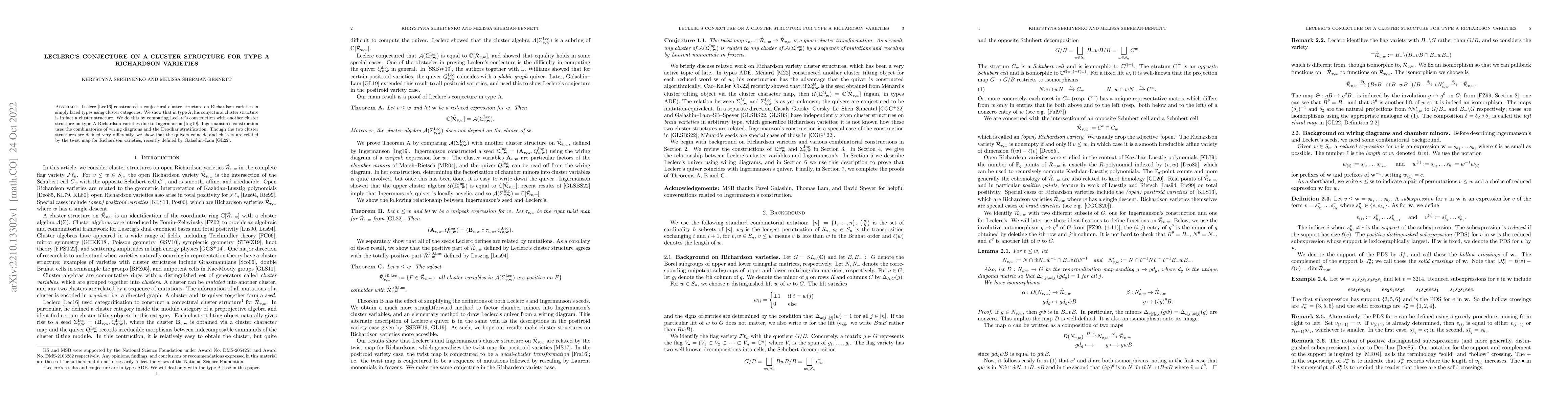 Thumbnail for Leclerc's conjecture on a cluster structure for type A Richardson
  varieties