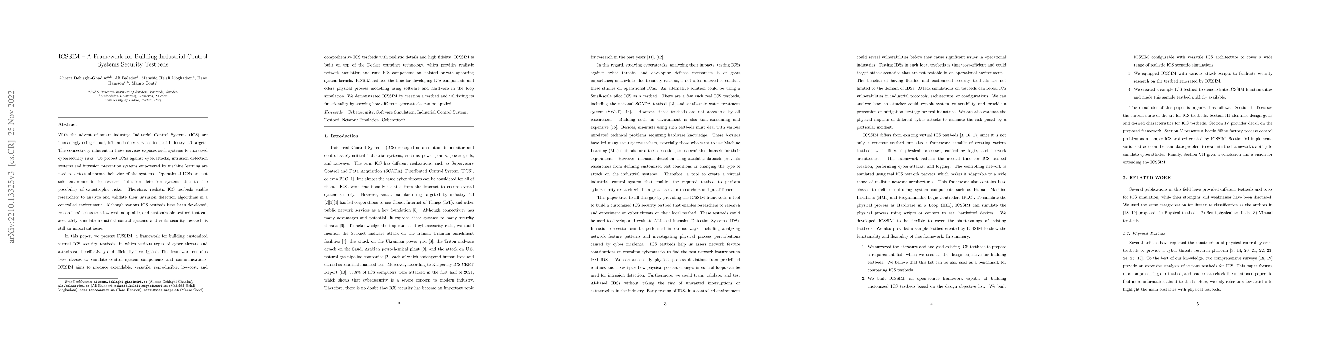 Thumbnail for ICSSIM-A Framework for Building Industrial Control Systems Security
  Simulation Testbeds