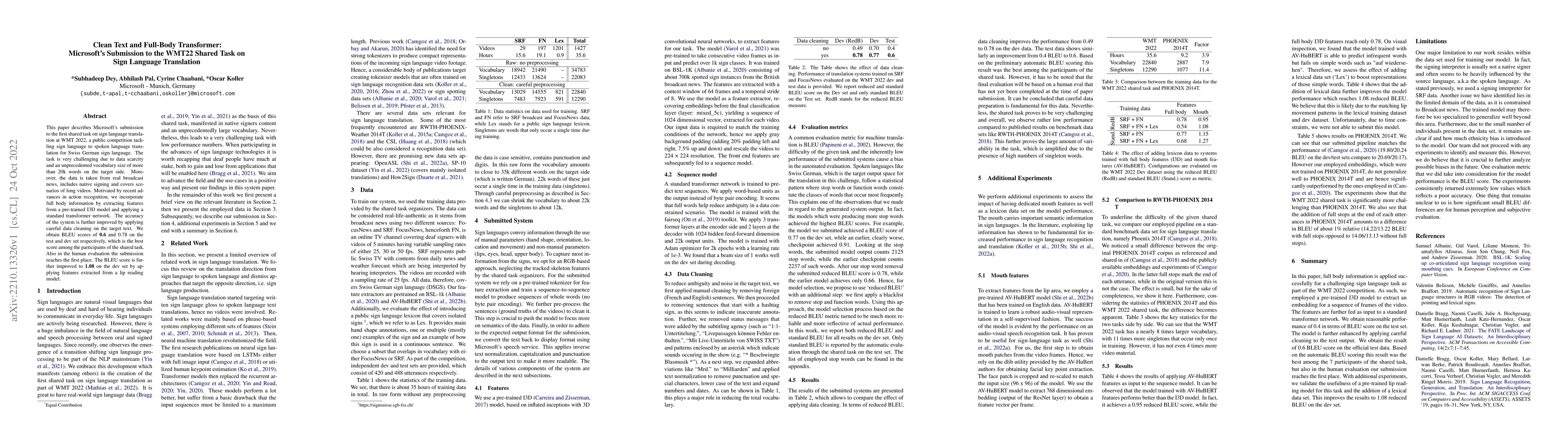 Thumbnail for Clean Text and Full-Body Transformer: Microsoft's Submission to the
  WMT22 Shared Task on Sign Language Translation
