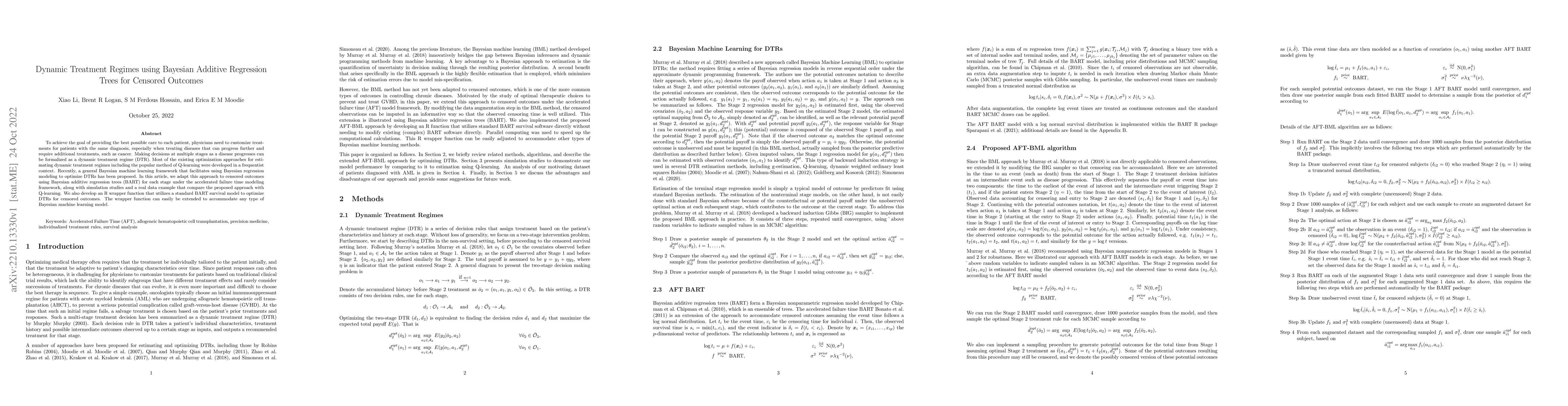 Thumbnail for Dynamic Treatment Regimes using Bayesian Additive Regression Trees for
  Censored Outcomes