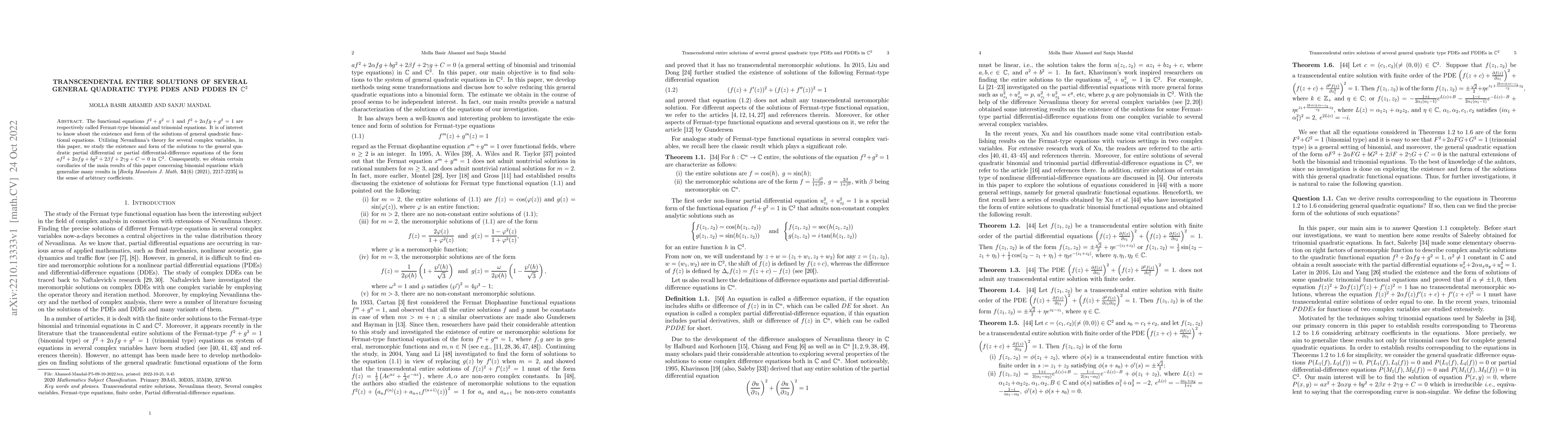 Thumbnail for Transcendental entire solutions of several general quadratic type PDEs
  and PDDEs in $ \mathbb{C}^2 $