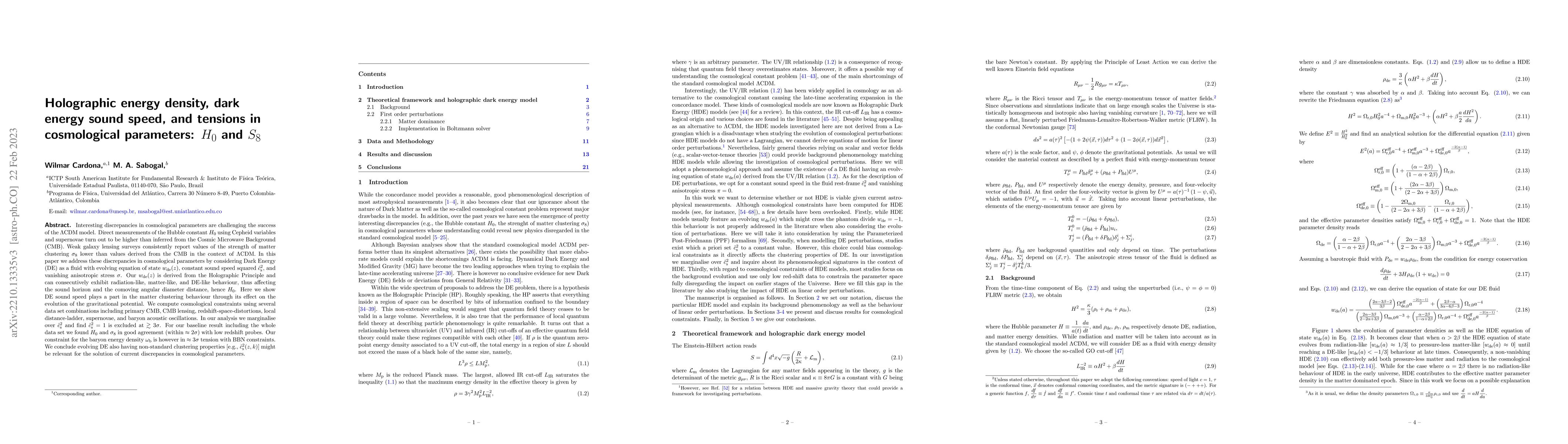 Thumbnail for Holographic energy density, dark energy sound speed, and tensions in
  cosmological parameters: $H_0$ and $S_8$
