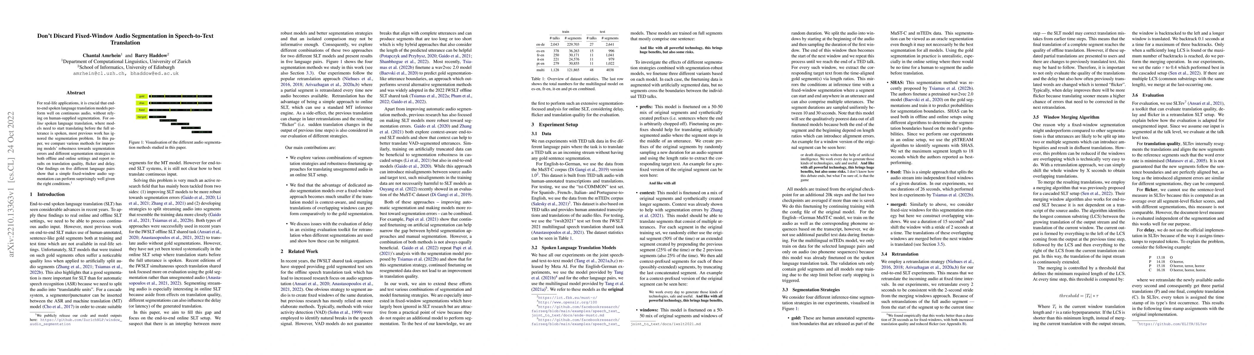 Thumbnail for Don't Discard Fixed-Window Audio Segmentation in Speech-to-Text
  Translation