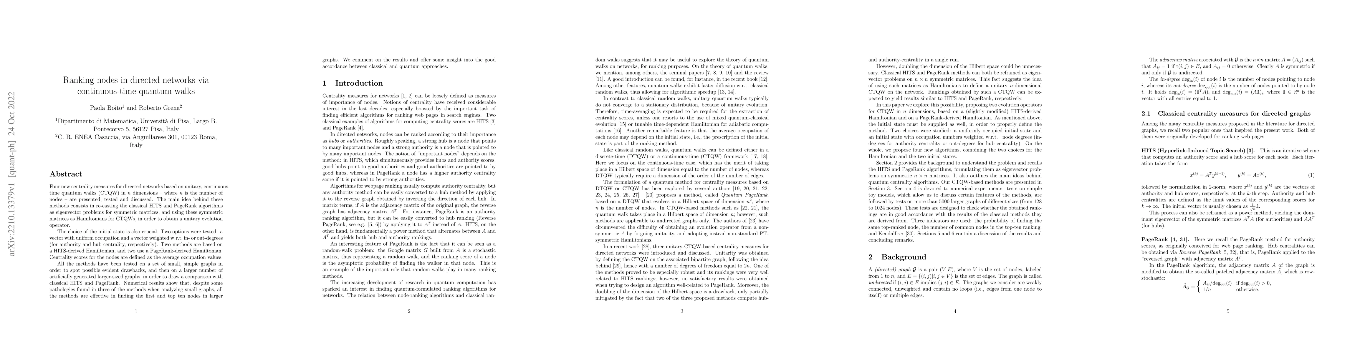 Thumbnail for Ranking nodes in directed networks via continuous-time quantum walks
