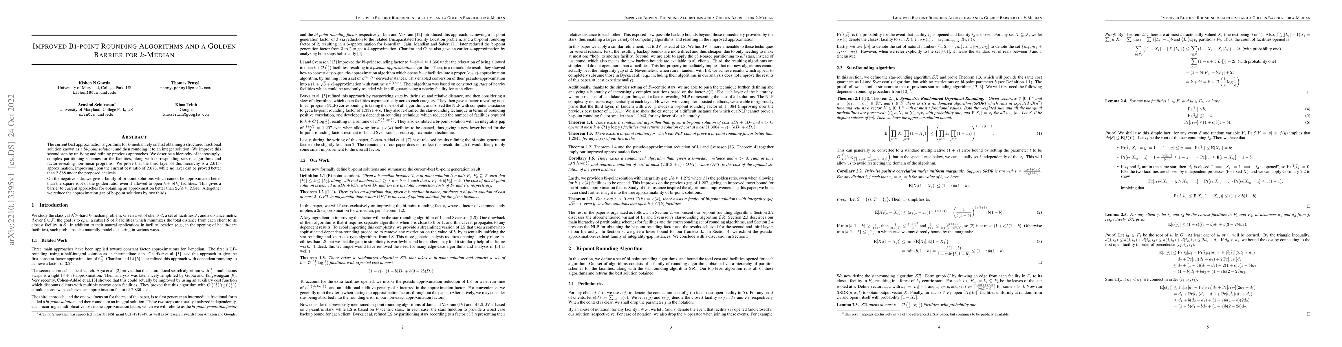 Thumbnail for Improved Bi-point Rounding Algorithms and a Golden Barrier for
  $k$-Median