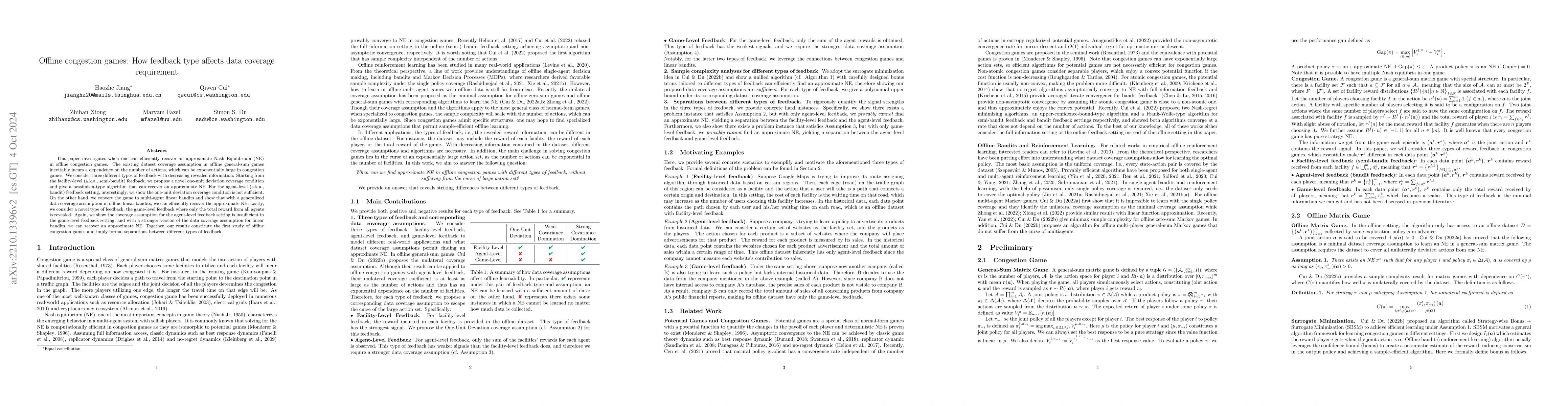 Thumbnail for Offline congestion games: How feedback type affects data coverage
  requirement