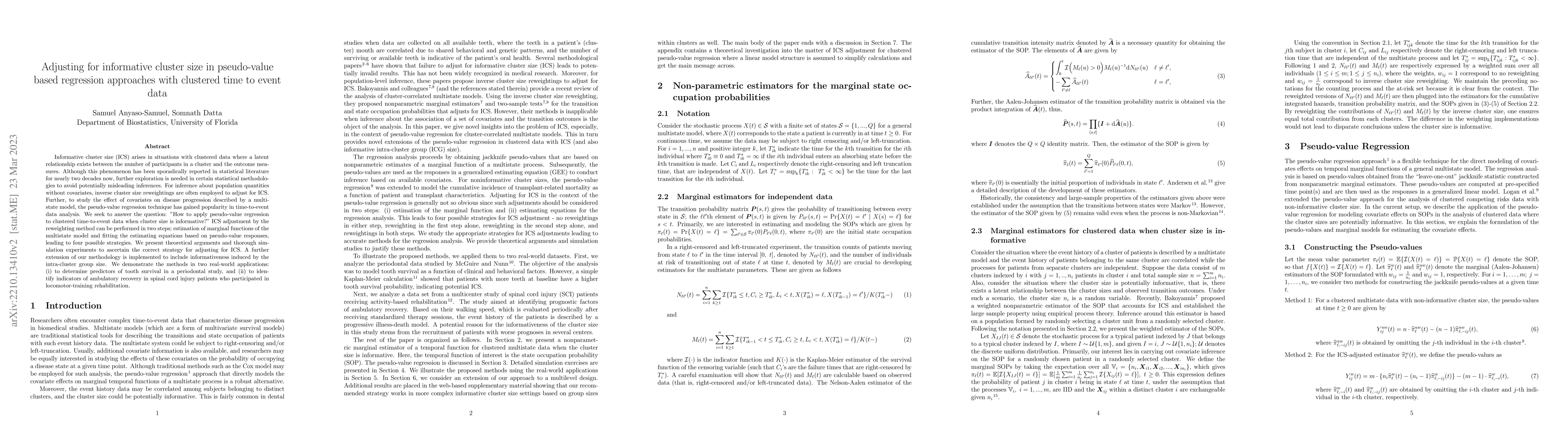 Thumbnail for Adjusting for informative cluster size in pseudo-value based regression
  approaches with clustered time to event data