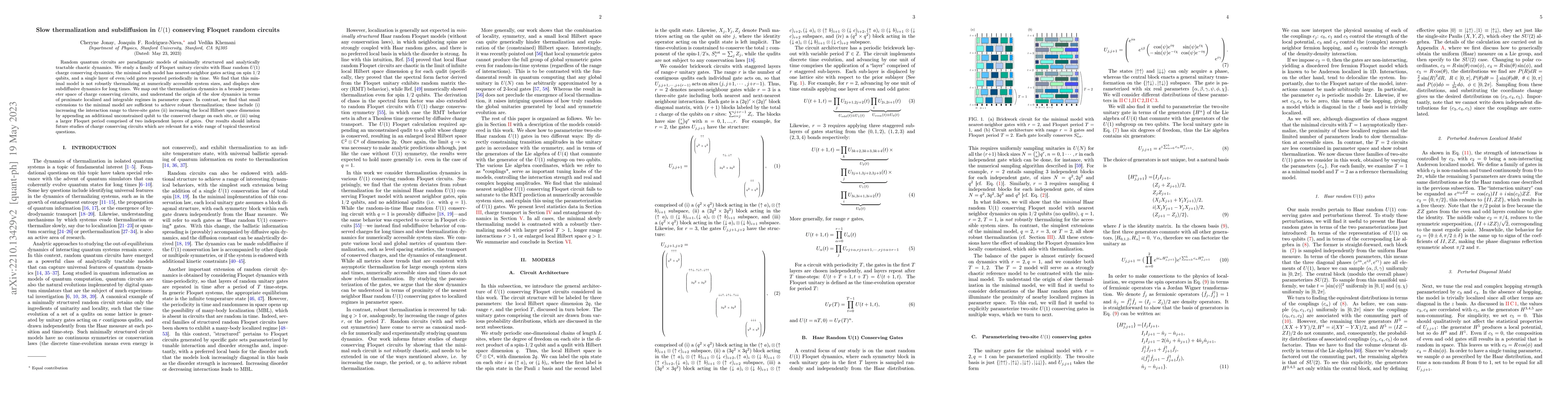 Thumbnail for Slow thermalization and subdiffusion in $U(1)$ conserving Floquet random
  circuits