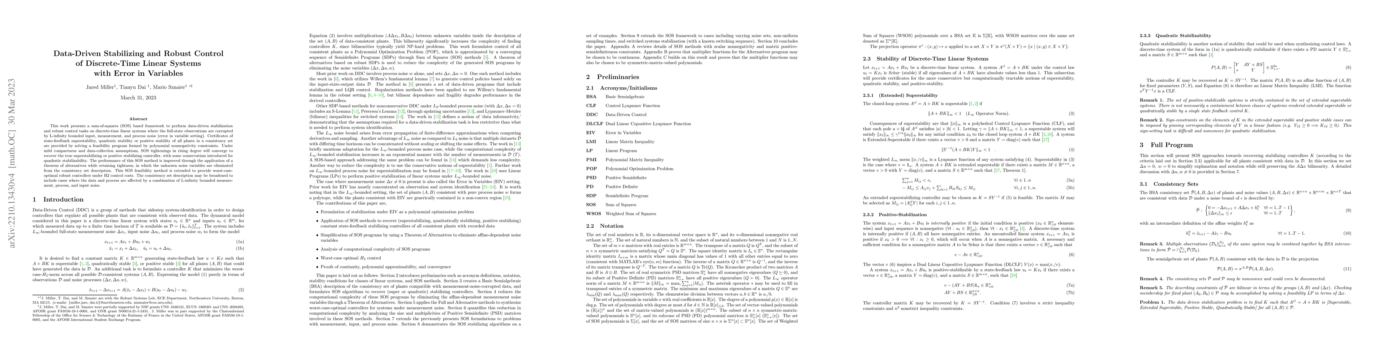 Thumbnail for Data-Driven Stabilizing and Robust Control of Discrete-Time Linear
  Systems with Error in Variables