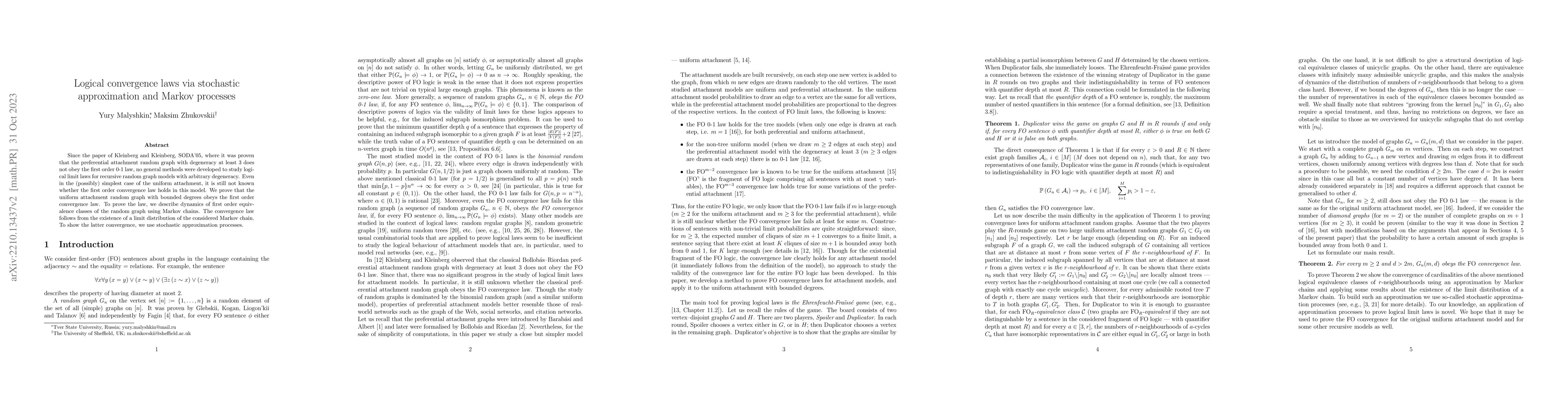Thumbnail for Logical convergence laws via stochastic approximation and Markov
  processes