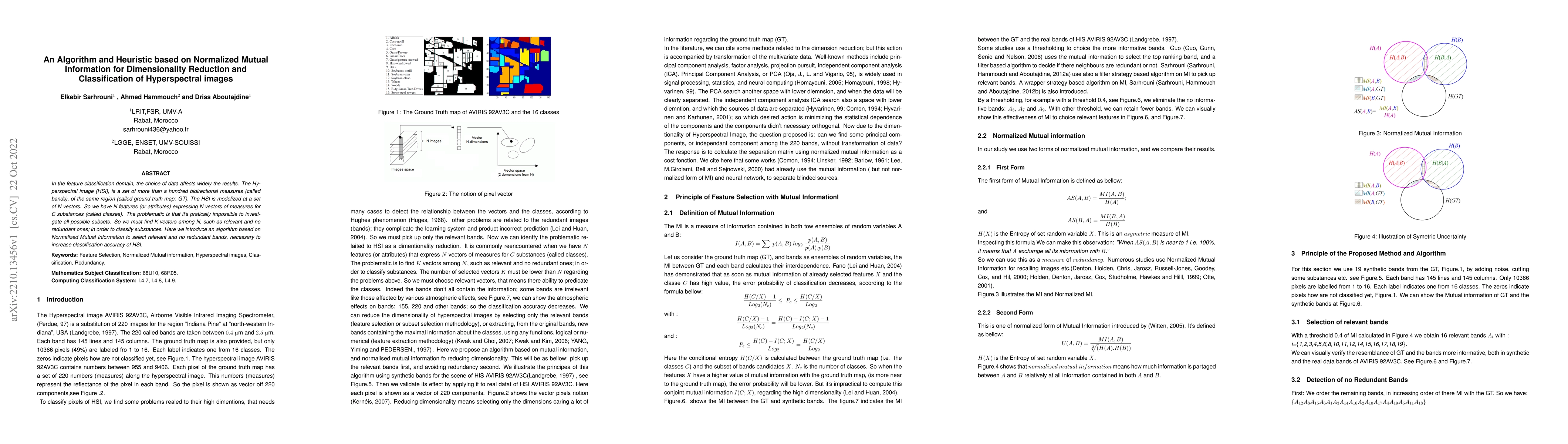 Thumbnail for An Algorithm and Heuristic based on Normalized Mutual Information for
  Dimensionality Reduction and Classification of Hyperspectral images