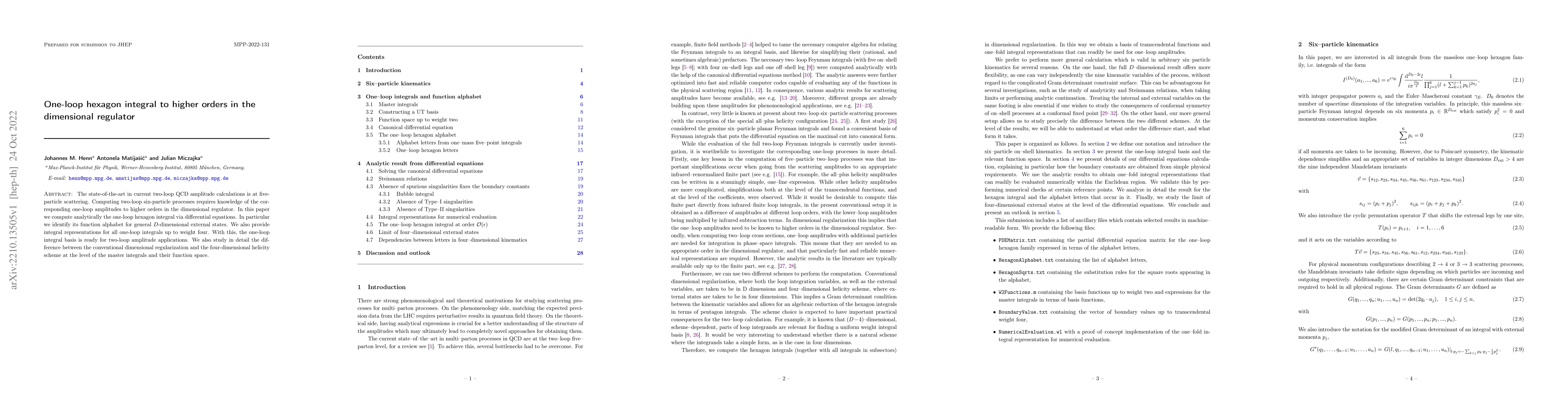 Thumbnail for One-loop hexagon integral to higher orders in the dimensional regulator
