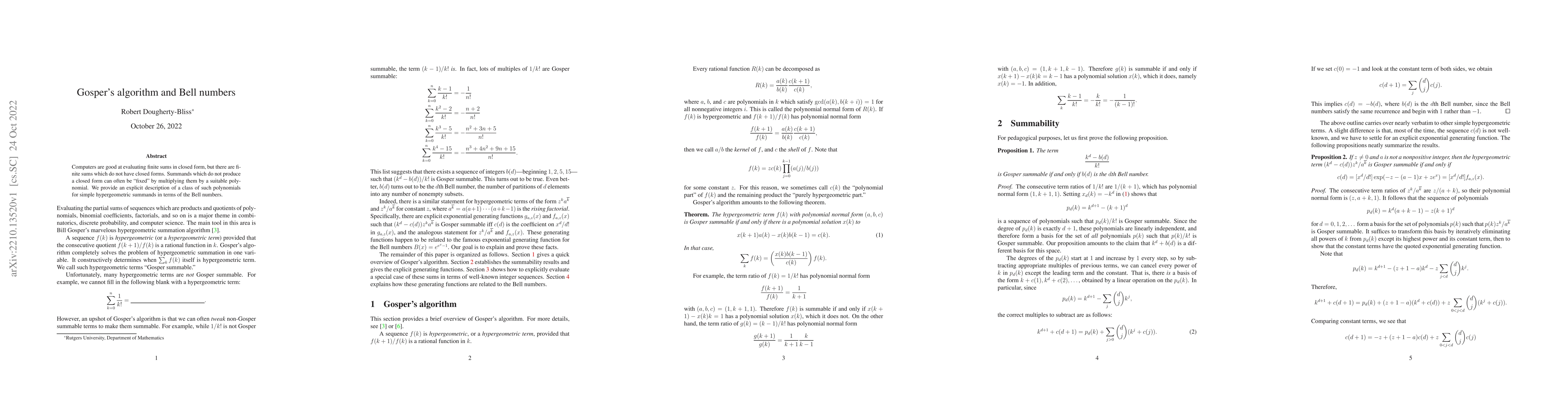 Thumbnail for Gosper's algorithm and Bell numbers