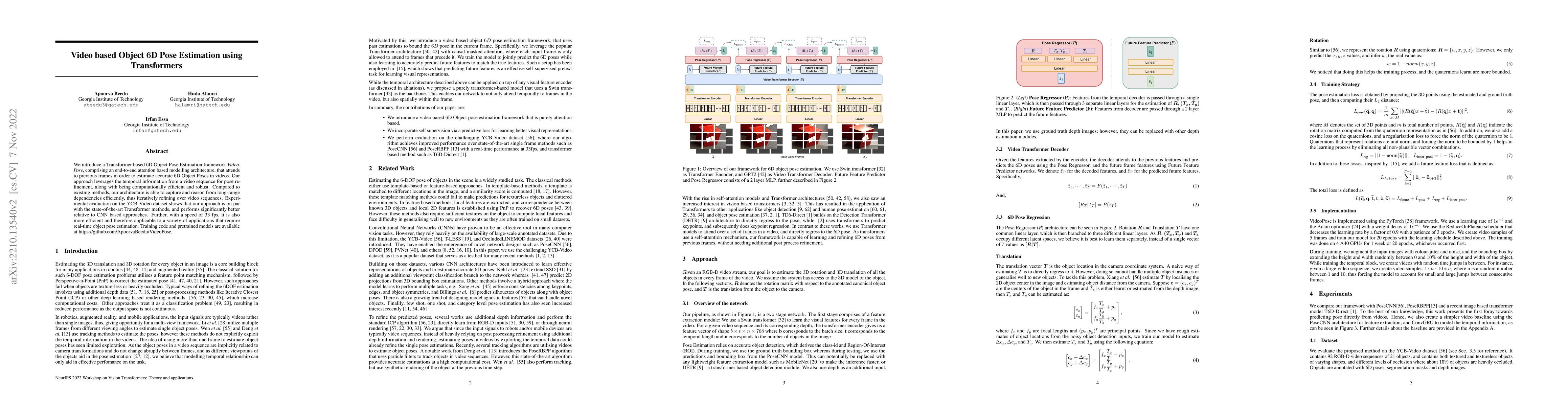 Thumbnail for Video based Object 6D Pose Estimation using Transformers