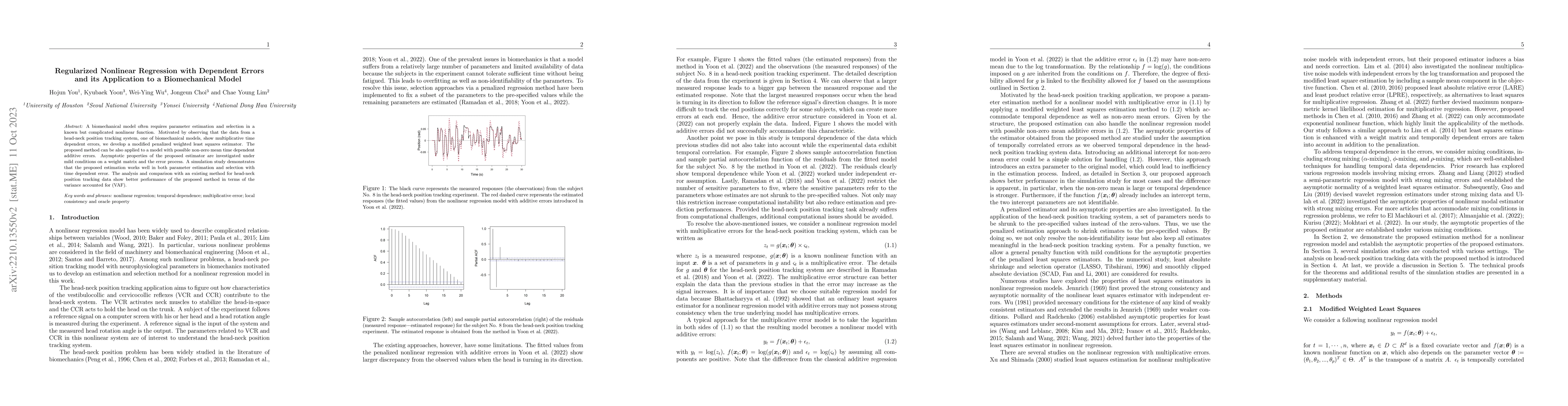 Thumbnail for Regularized Nonlinear Regression with Dependent Errors and its
  Application to a Biomechanical Model
