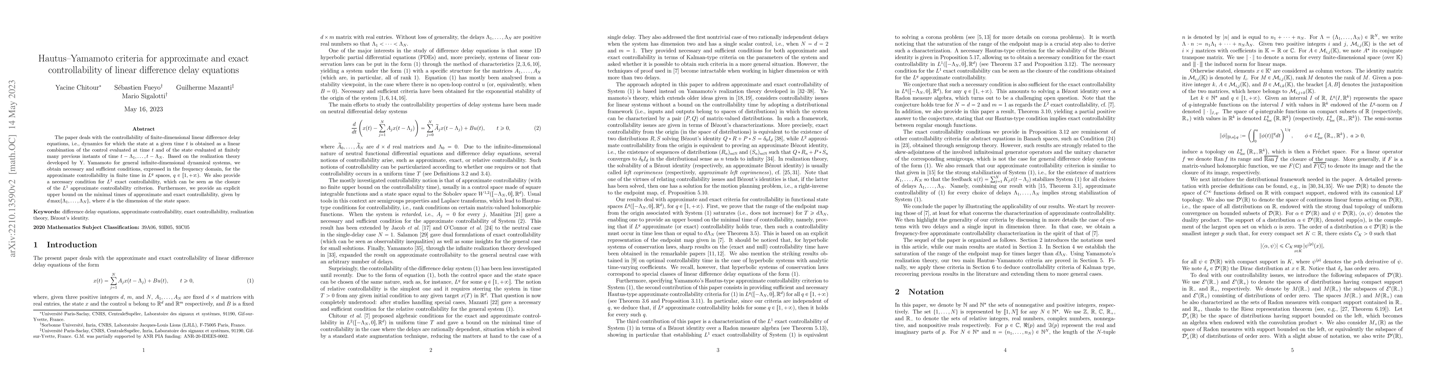 Thumbnail for Hautus--Yamamoto criteria for approximate and exact controllability of
  linear difference delay equations