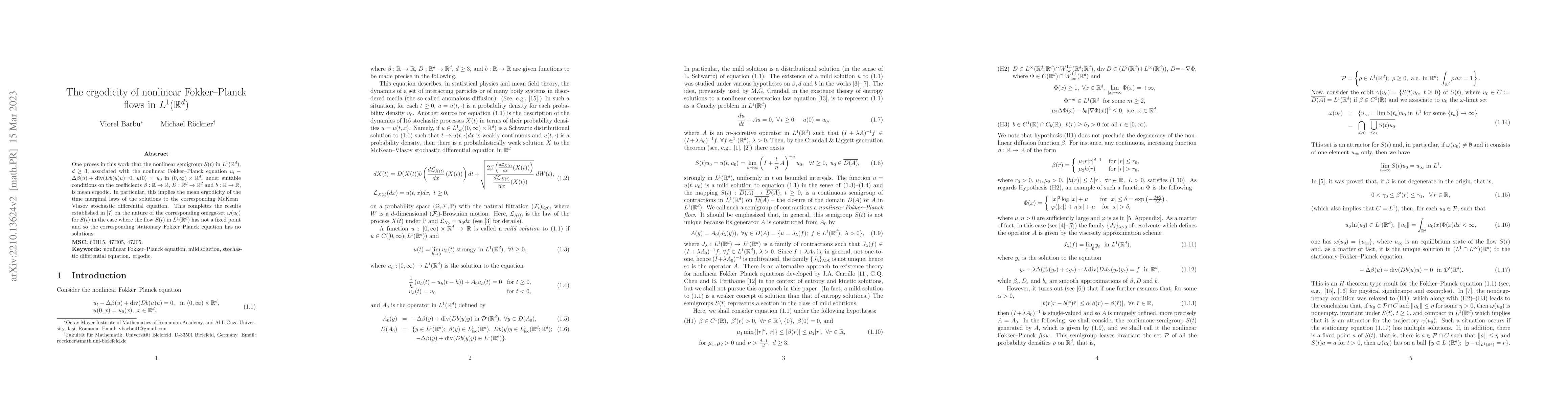 Thumbnail for The ergodicity of nonlinear Fokker-Planck flows in $L^1(\mathbb R^d)$