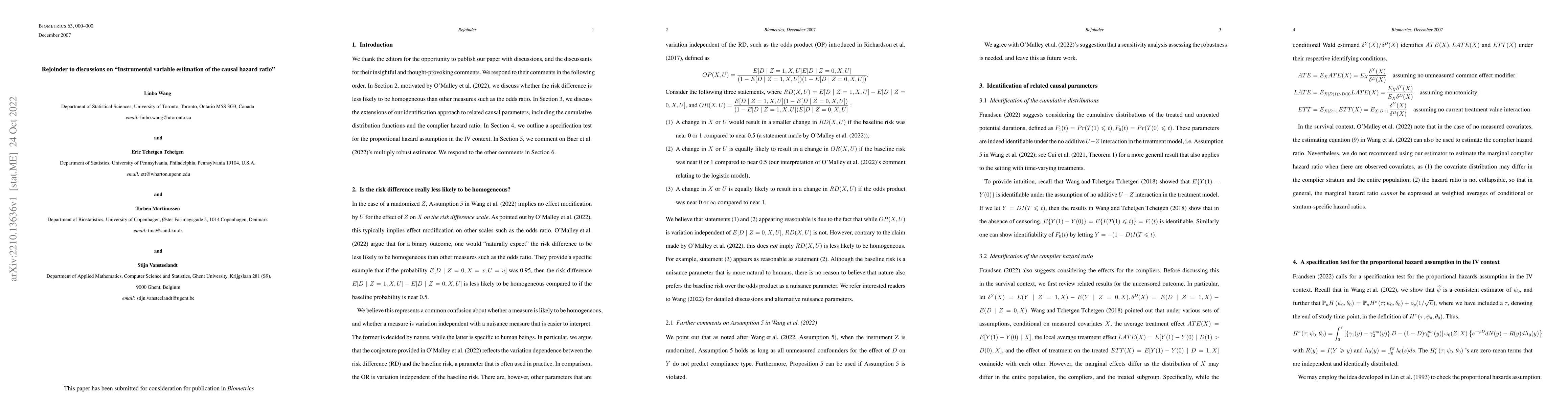 Thumbnail for Rejoinder to discussions on "Instrumental variable estimation of the
  causal hazard ratio"