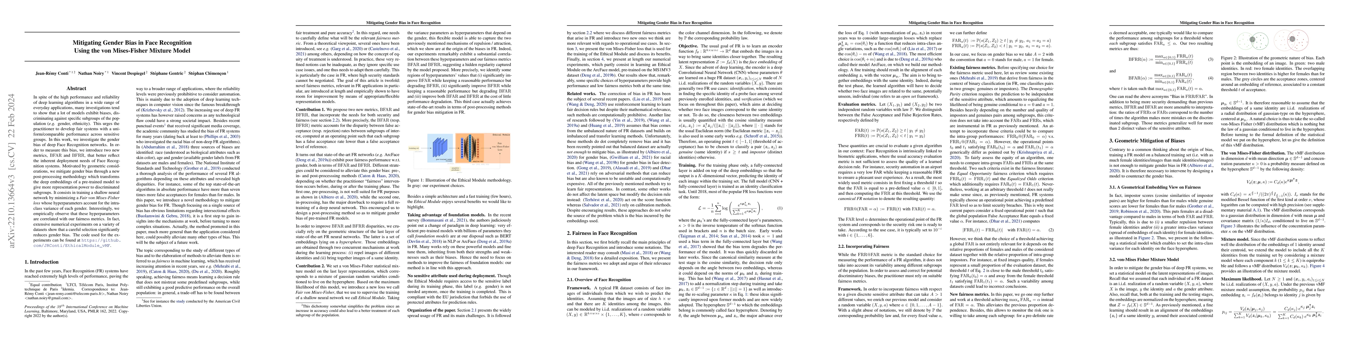 Thumbnail for Mitigating Gender Bias in Face Recognition Using the von Mises-Fisher
  Mixture Model