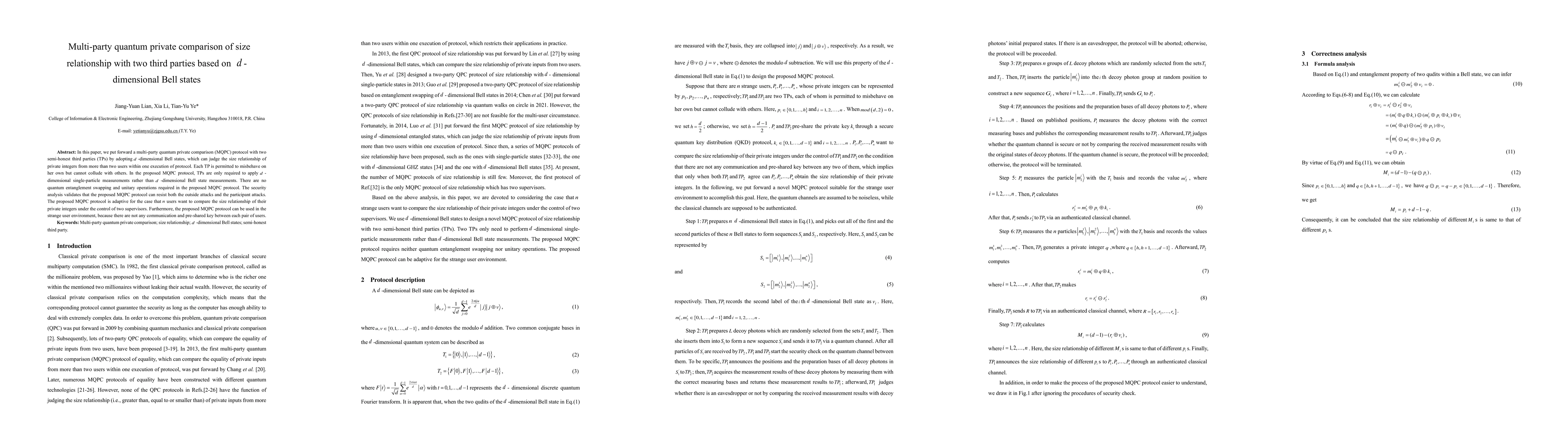 Thumbnail for Multi-party quantum private comparison of size relationship with two
  third parties based on d-dimensional Bell states
