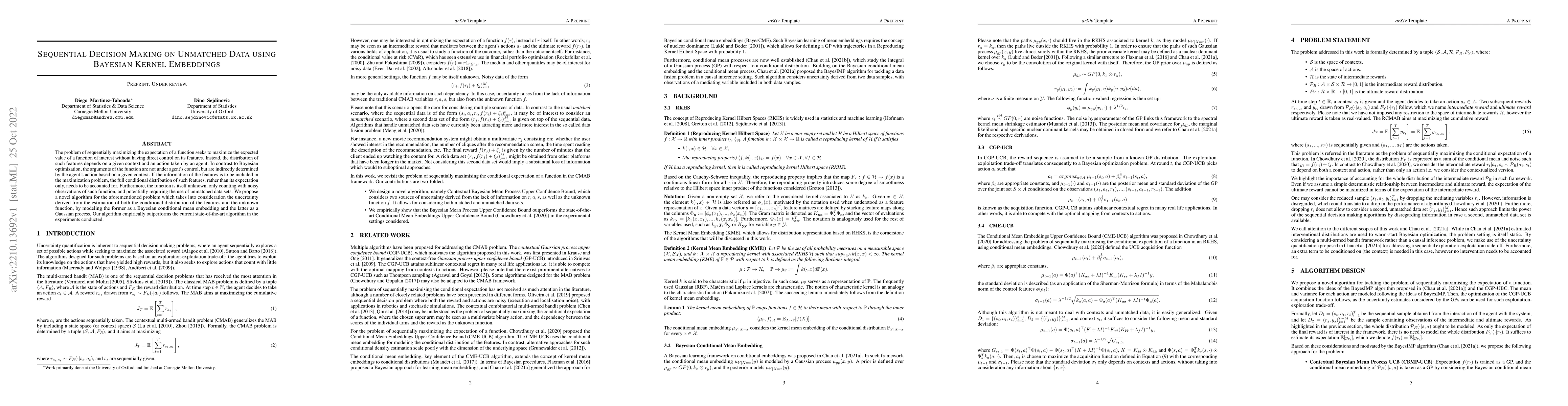 Thumbnail for Sequential Decision Making on Unmatched Data using Bayesian Kernel
  Embeddings