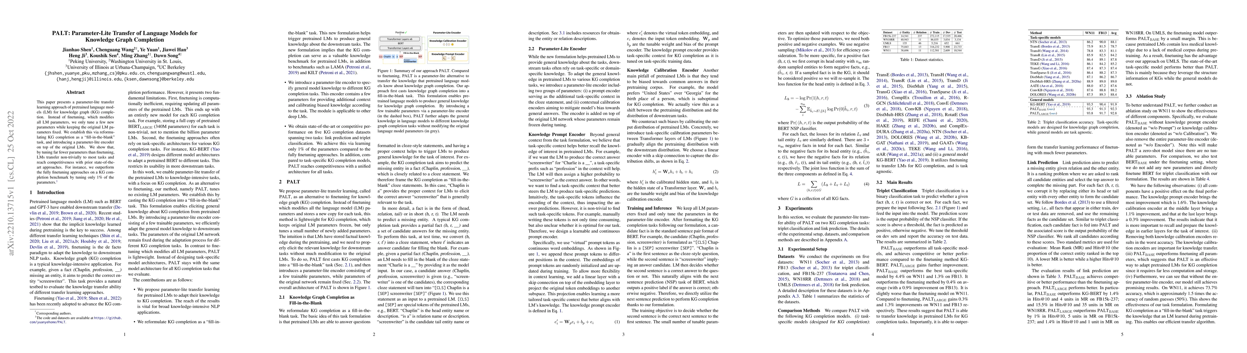 Thumbnail for PALT: Parameter-Lite Transfer of Language Models for Knowledge Graph
  Completion